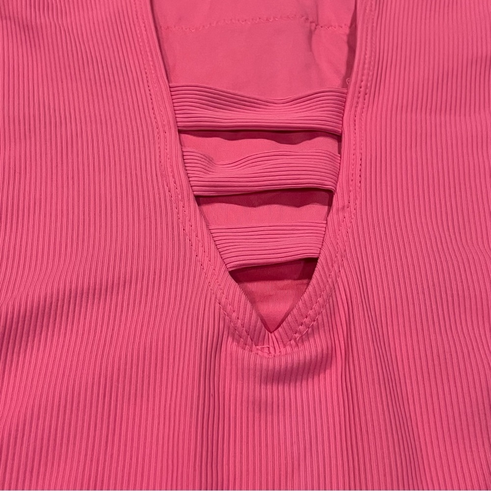 BECCA By Rebecca Virtue Pink One Piece Ribbed Strappy Cut Out Swimsuit — Large - Picture 13 of 14